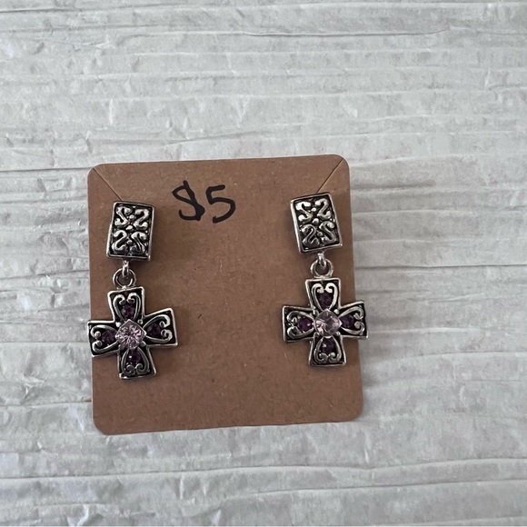 Silver And Purple Cross Earrings - Picture 1 of 1